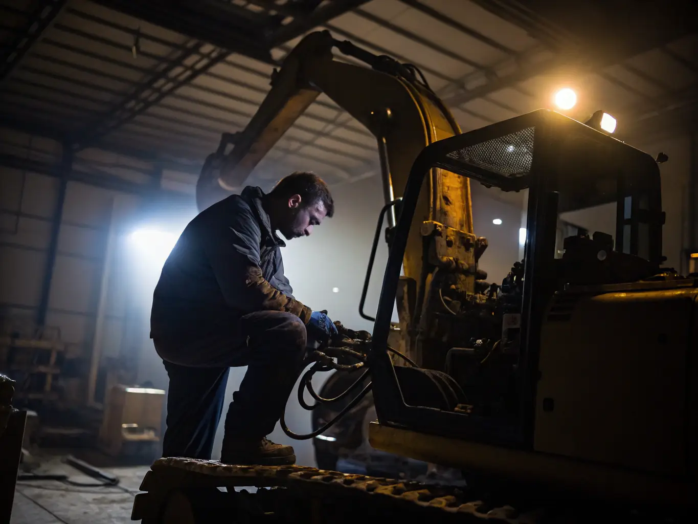 A technician performing maintenance on an excavator in a dimly lit workshop.
