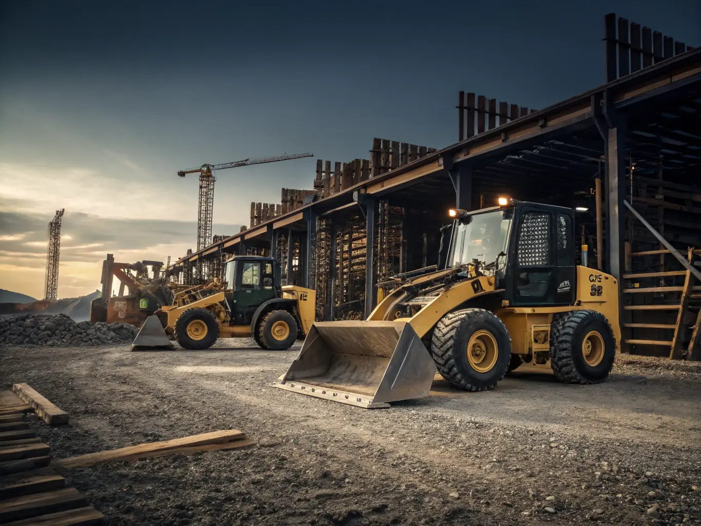 A range of loaders displayed in a construction yard with dramatic lighting.